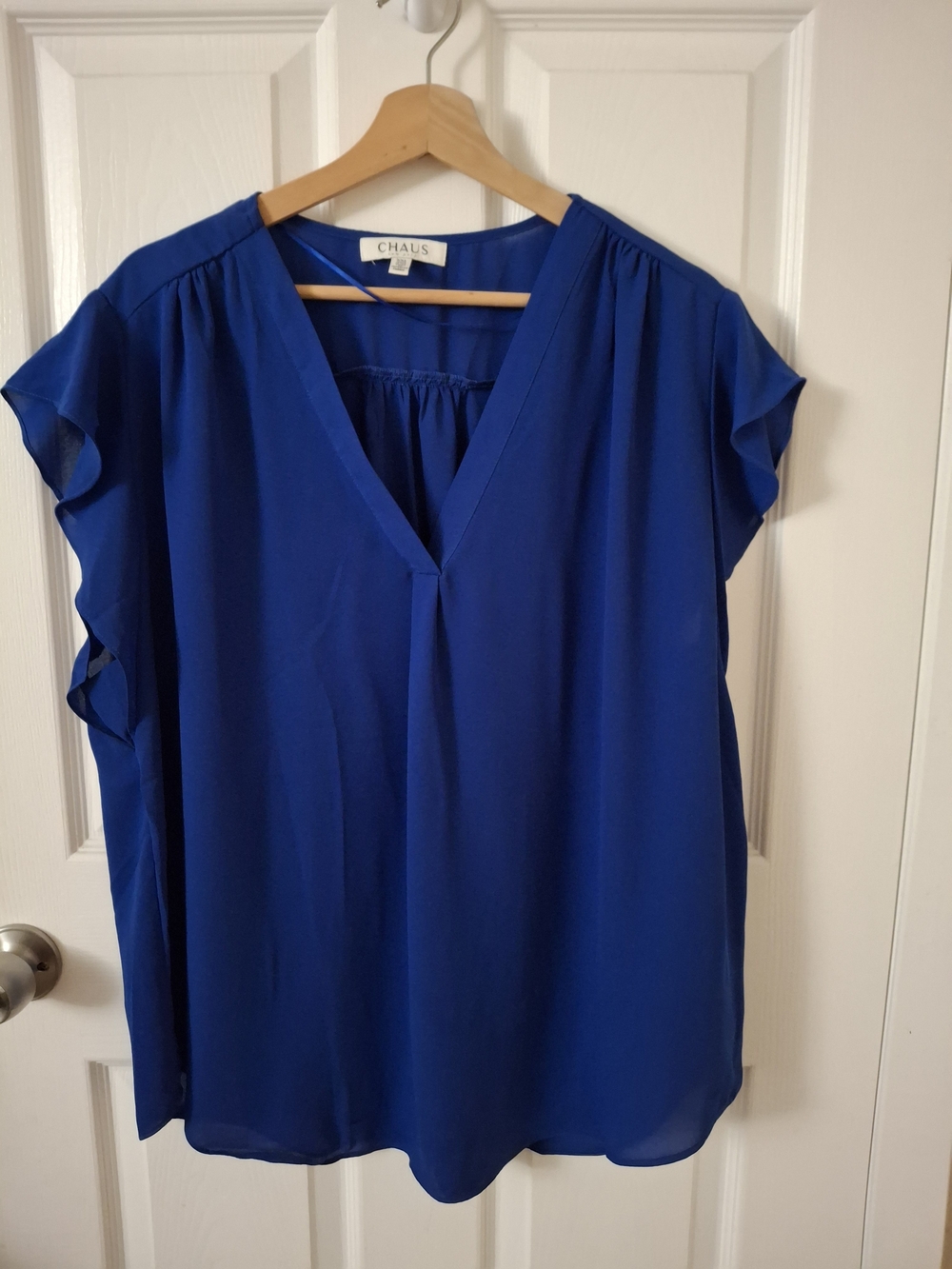Chaus Blue V-Neck Flutter Sleeve Blouse
